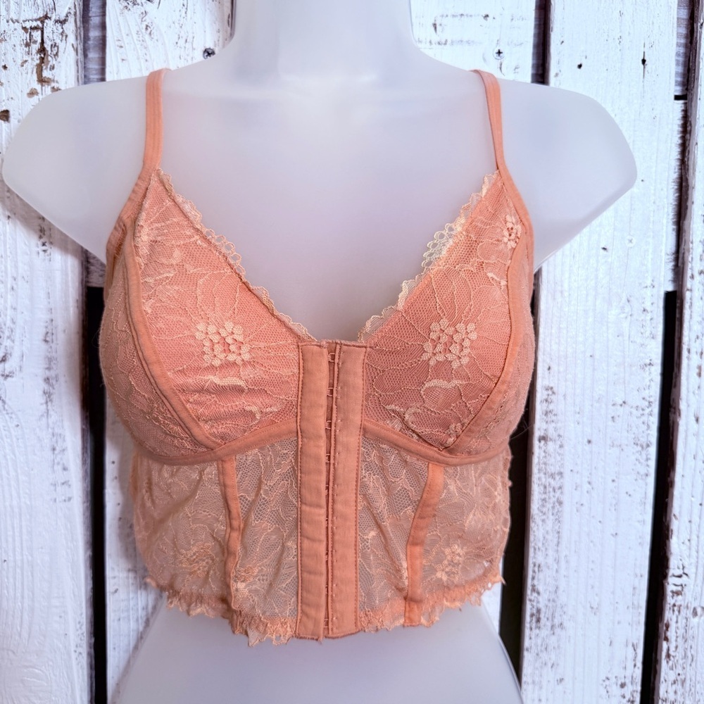 COLSIE‎ Pink Lace Corset Bralette Bustier Sz Small Soft Cup Front Closure Floral